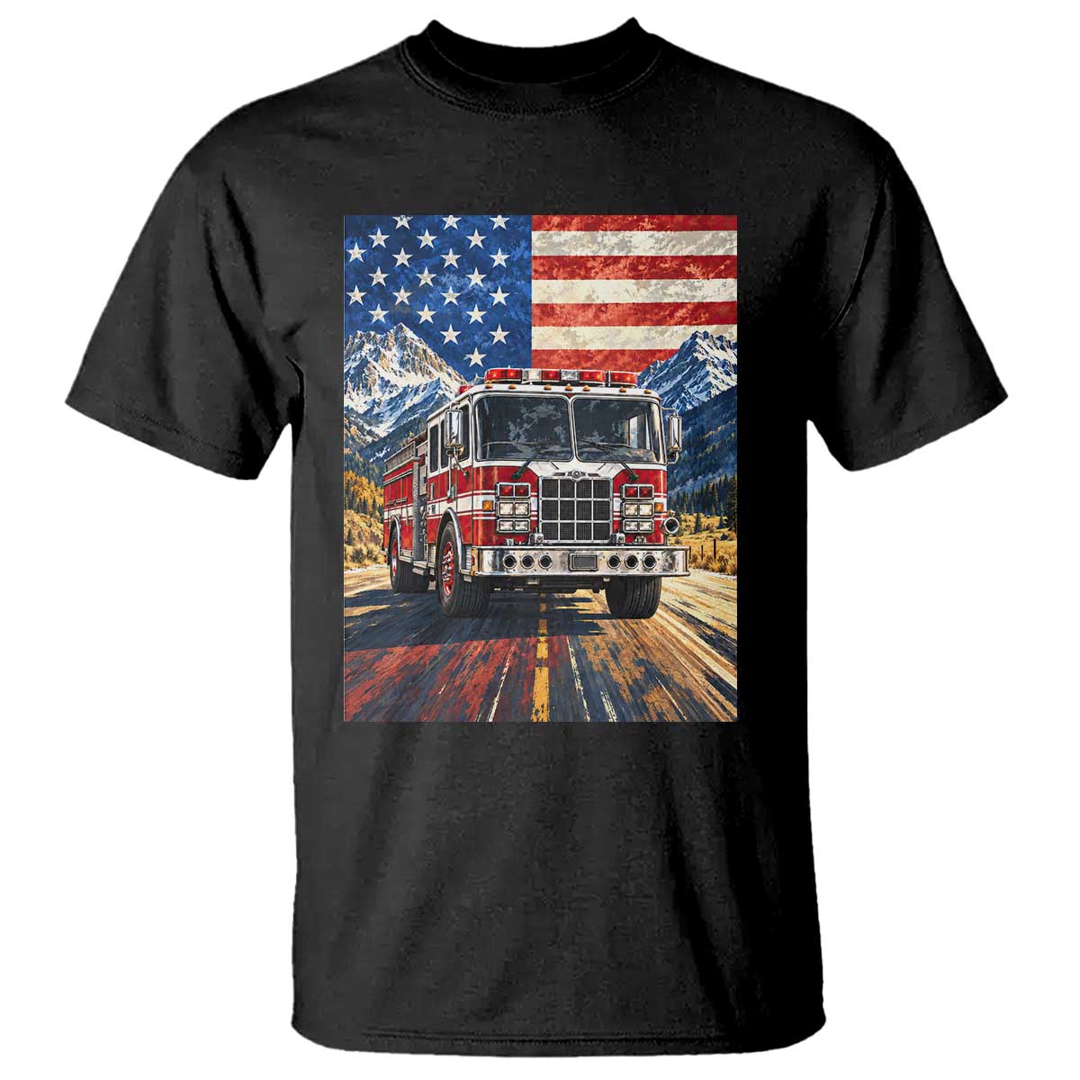 Patriotic American Flag Fire Truck T Shirt Firefighter First Responder USA Gift