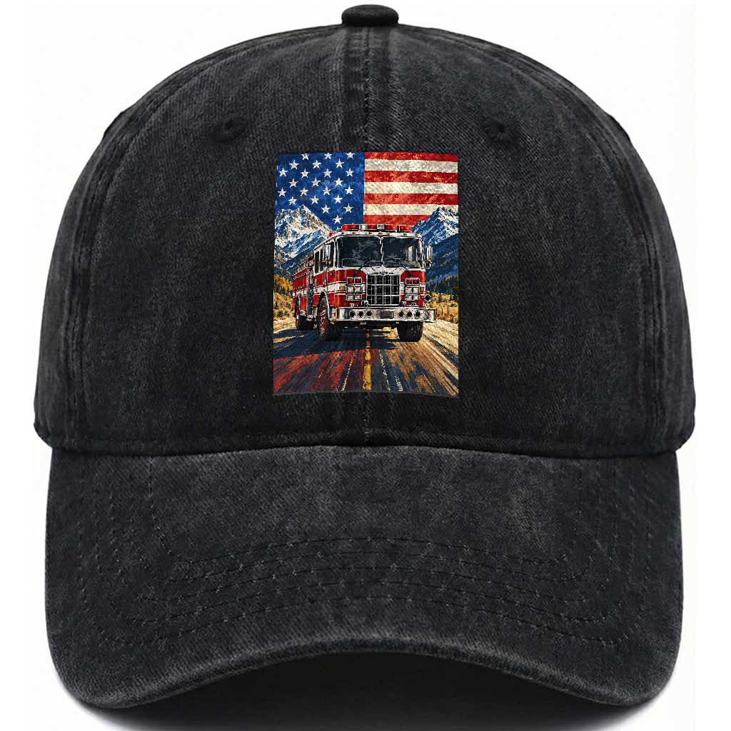 Patriotic American Flag Fire Truck Washed Cotton Baseball Cap Firefighter First Responder USA Gift
