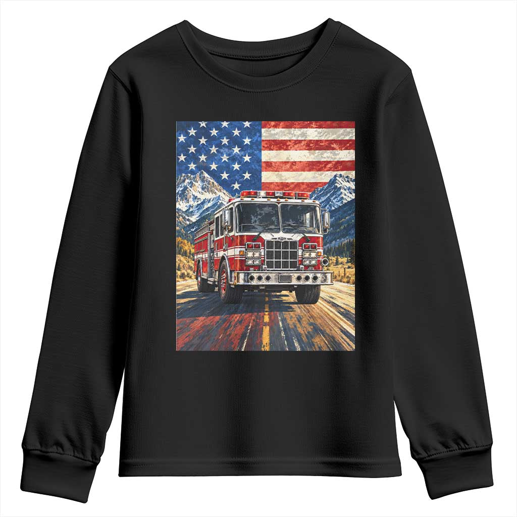 Patriotic American Flag Fire Truck Youth Sweatshirt Firefighter First Responder USA Gift