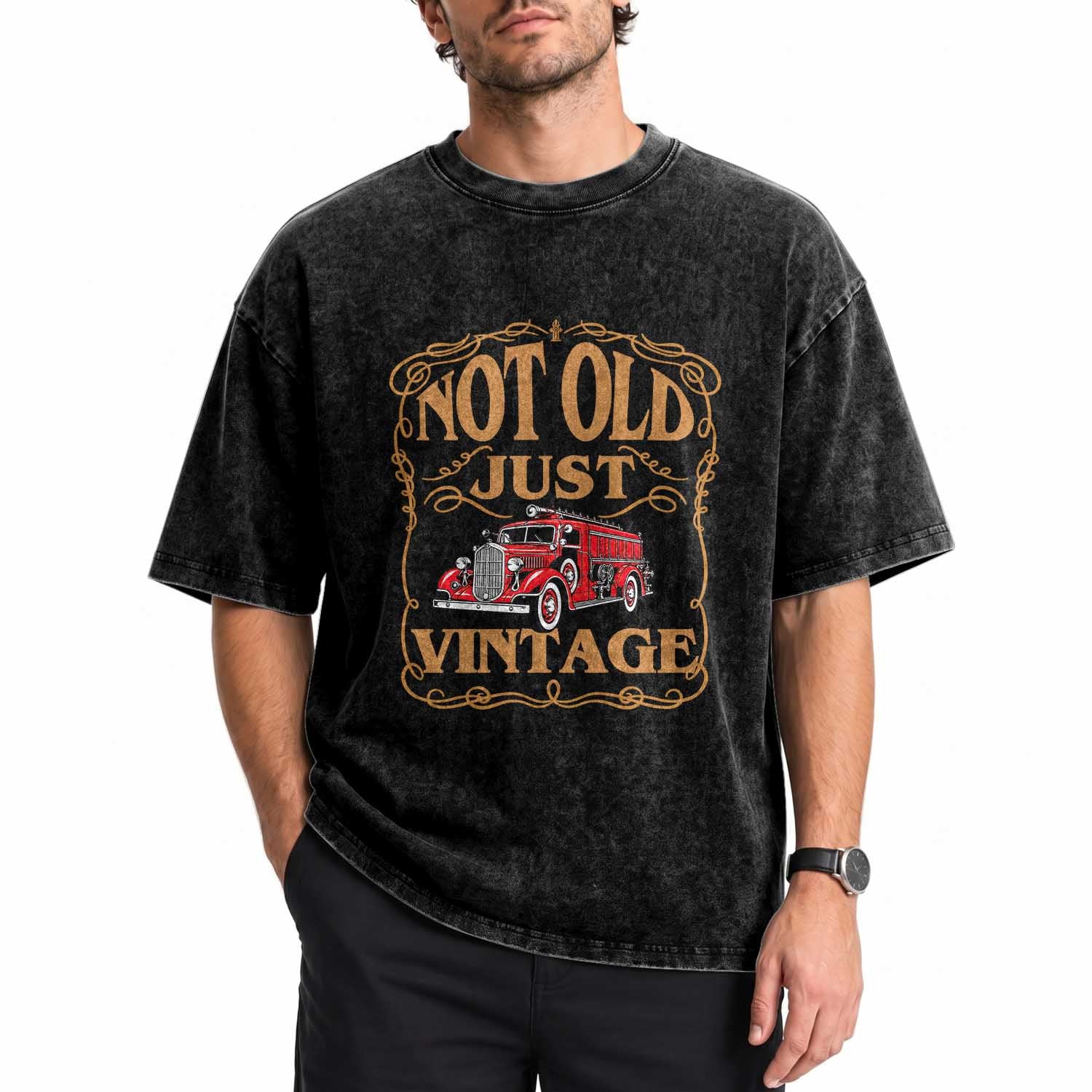 Classic Fire Truck Firefighter Washed Cotton T-Shirt Not Old Just Vintage Birthday Gift