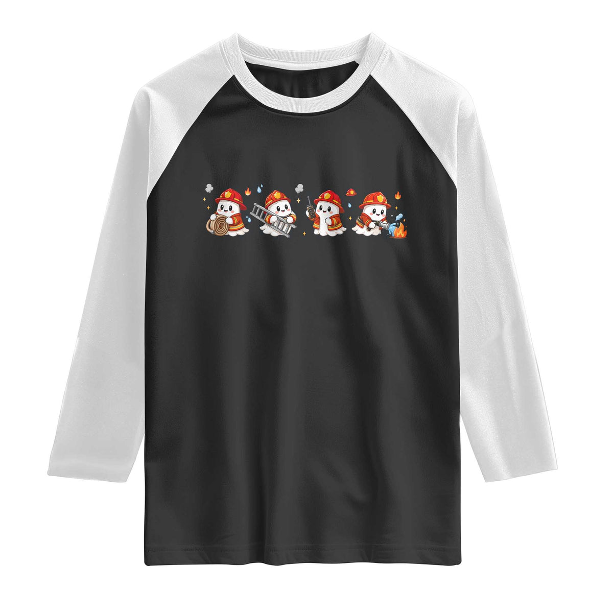 Funny Halloween Firefighter Raglan Shirt Ghost Fireman Spooky Season Holiday Gift