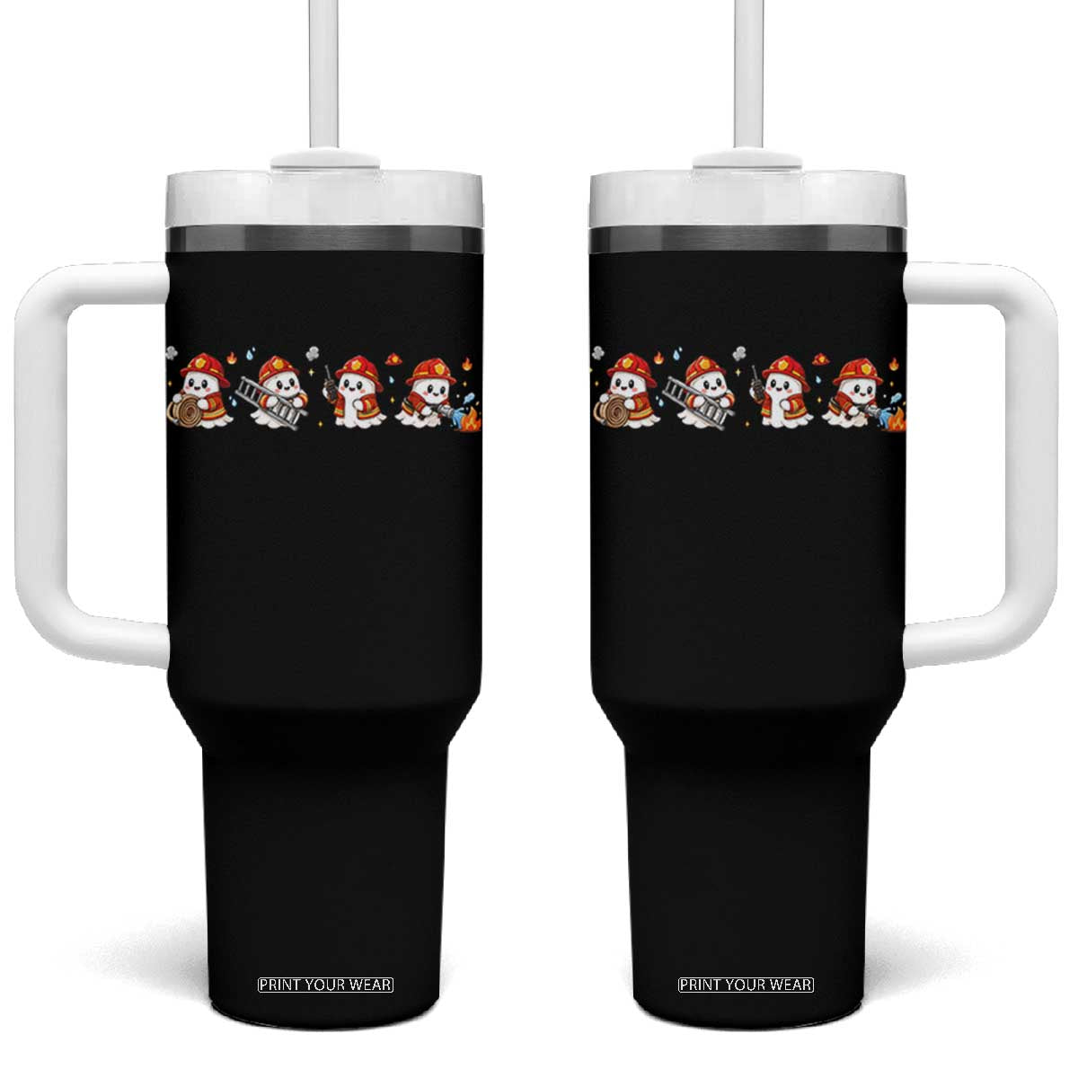 Funny Halloween Firefighter Tumbler With Handle Ghost Fireman Spooky Season Holiday Gift