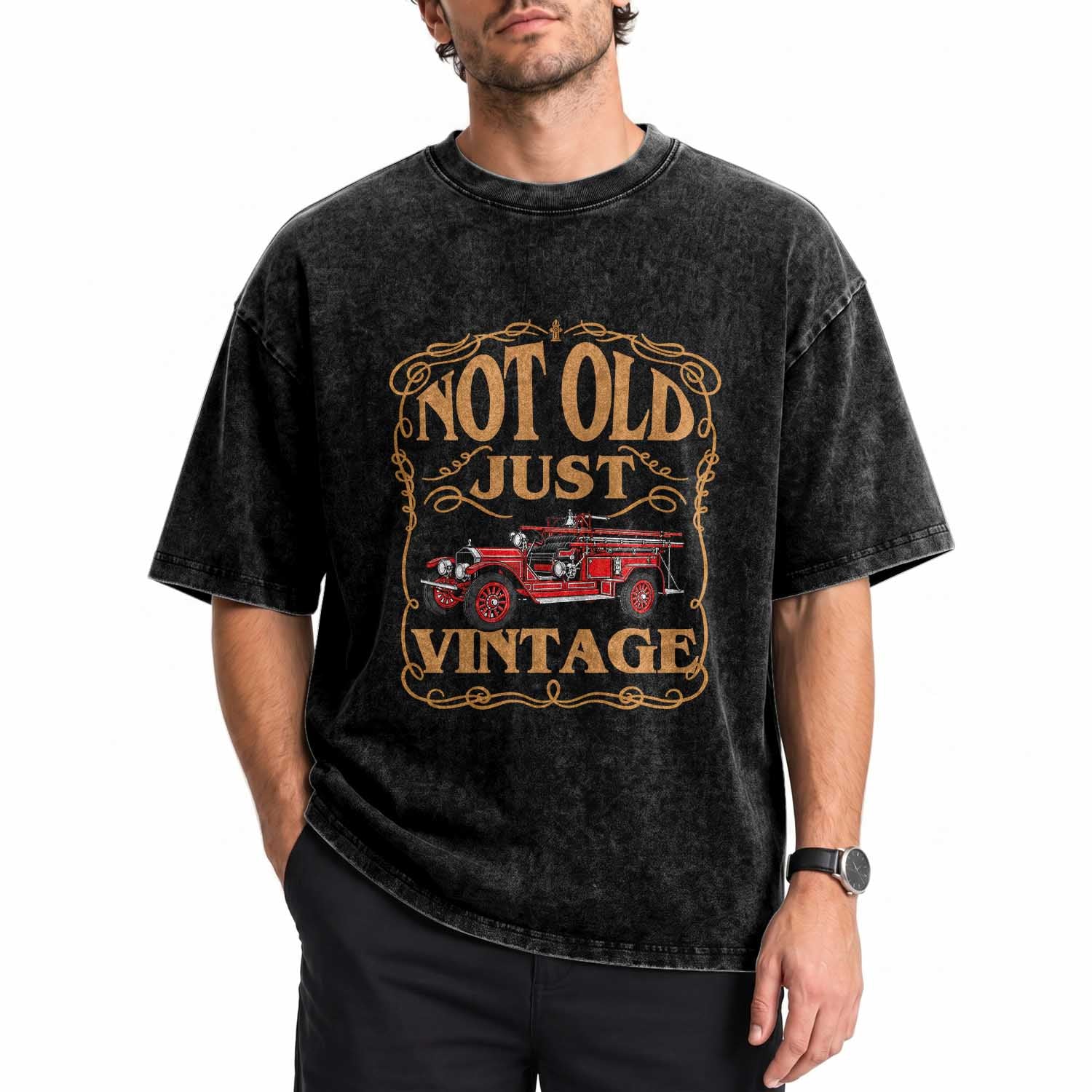 Classic Fire Truck Washed Cotton T-Shirt Not Old Just Vintage Firefighter Birthday