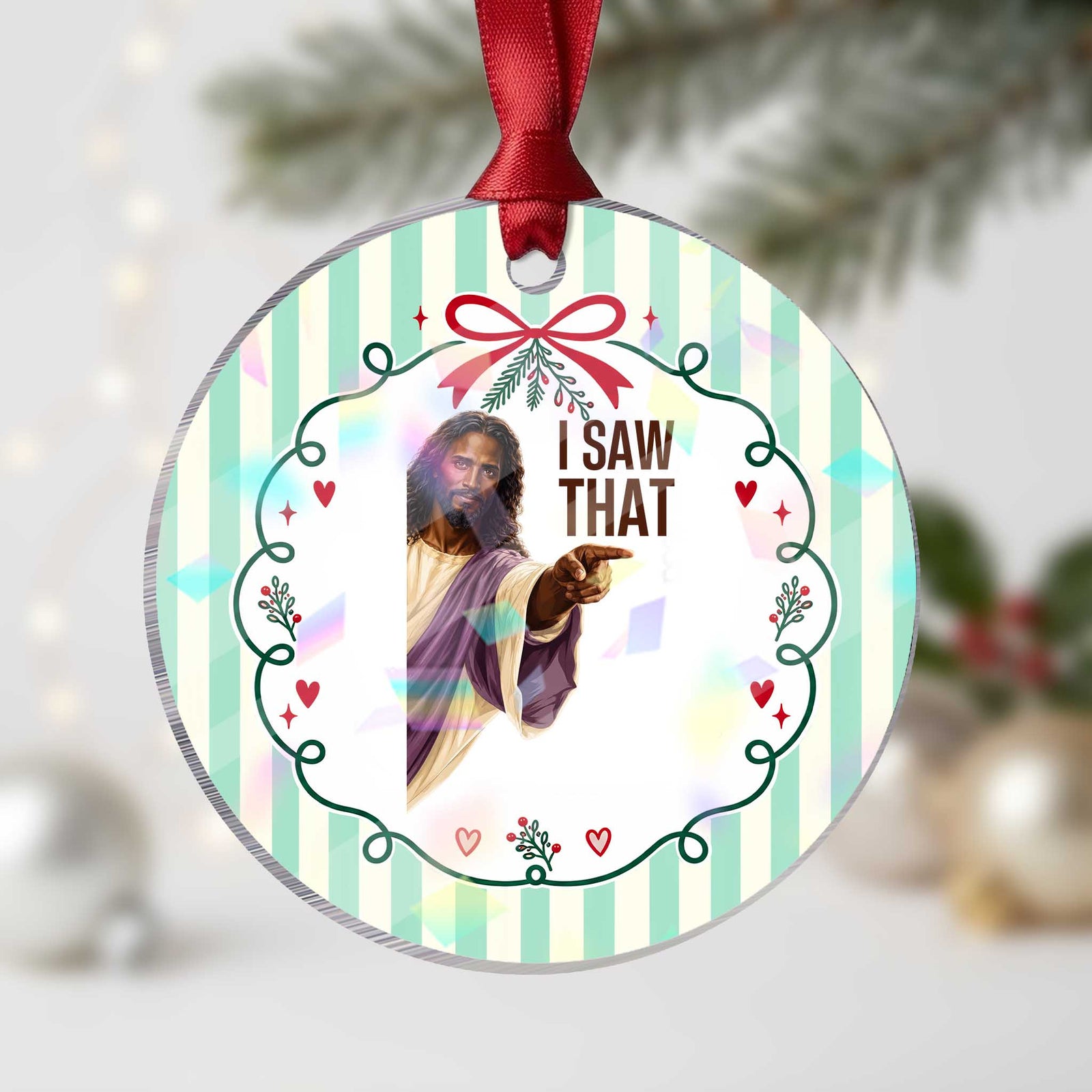 Funny Black Jesus Christian Holographic Acrylic Ornament I Saw That Pointing Finger
