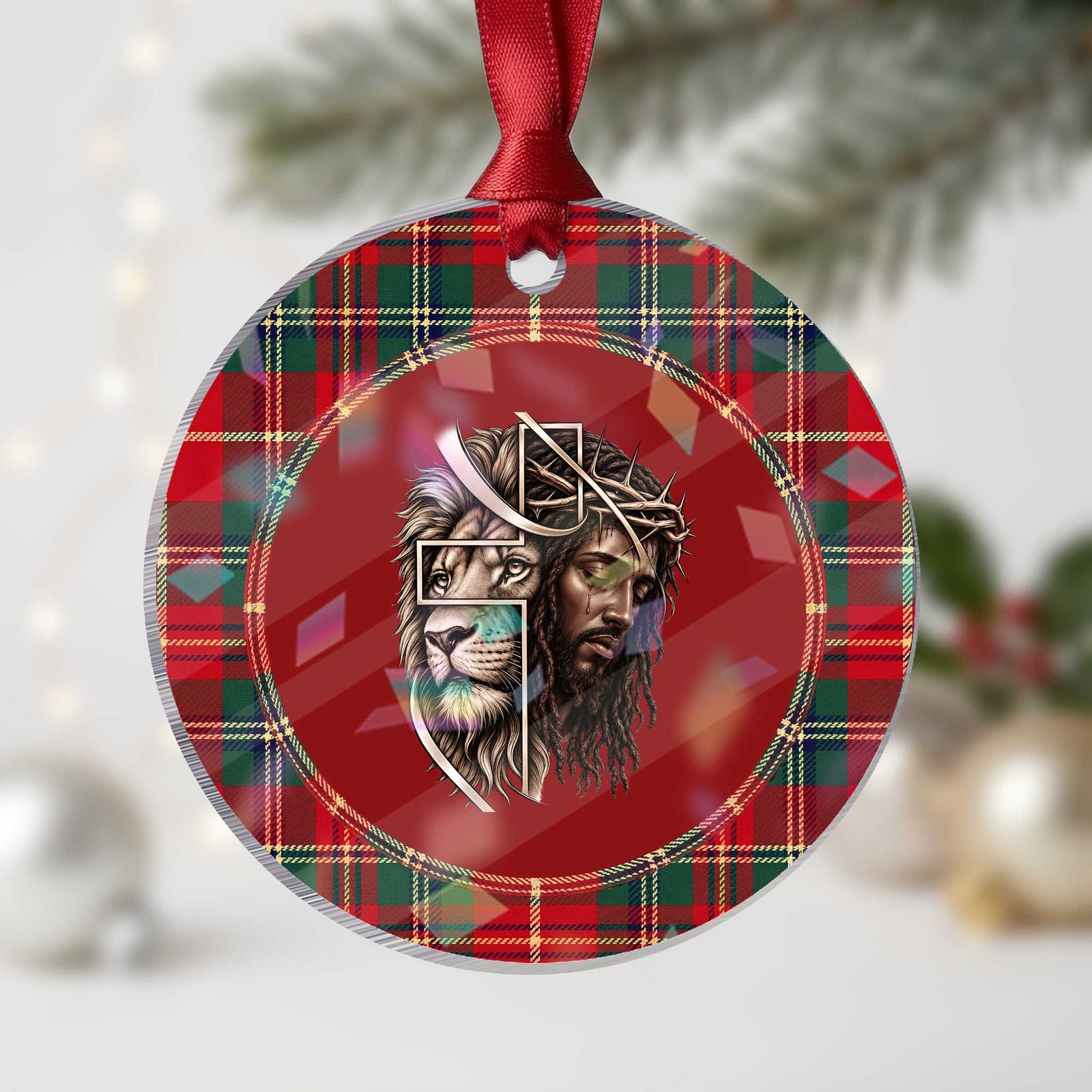 Black Jesus Lion Christian Holographic Acrylic Ornament Cross Crown Of Thorns Faith