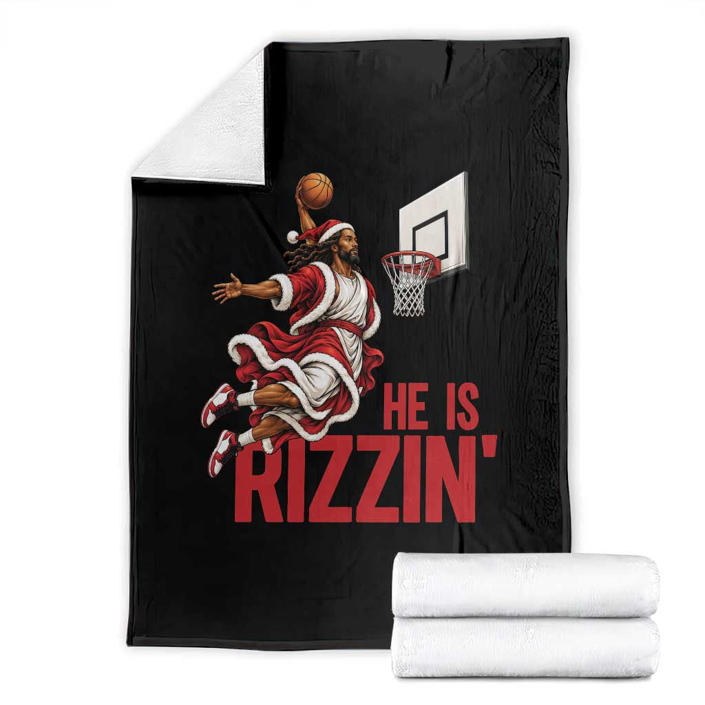 Funny Black Santa Jesus Throw Blanket He Is Rizzin Basketball Christmas