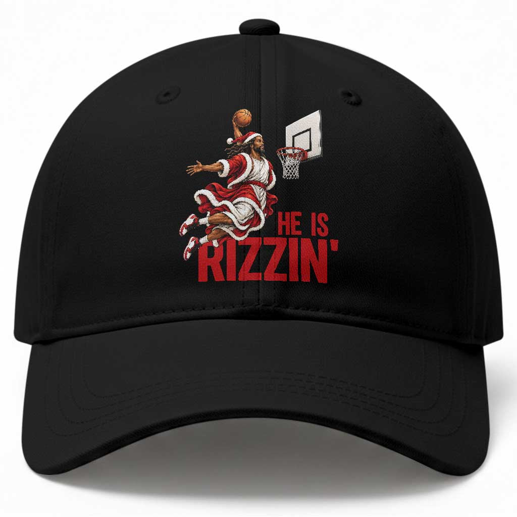 Funny Black Santa Jesus Baseball Cap He Is Rizzin Basketball Christmas