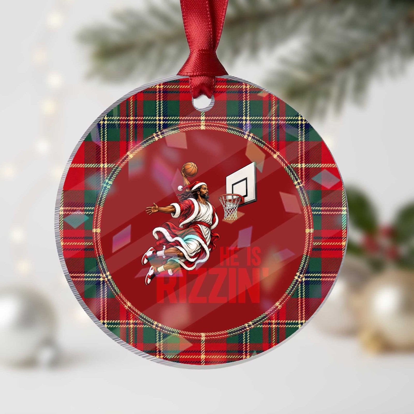 Funny Black Santa Jesus Holographic Acrylic Ornament He Is Rizzin Basketball Christmas
