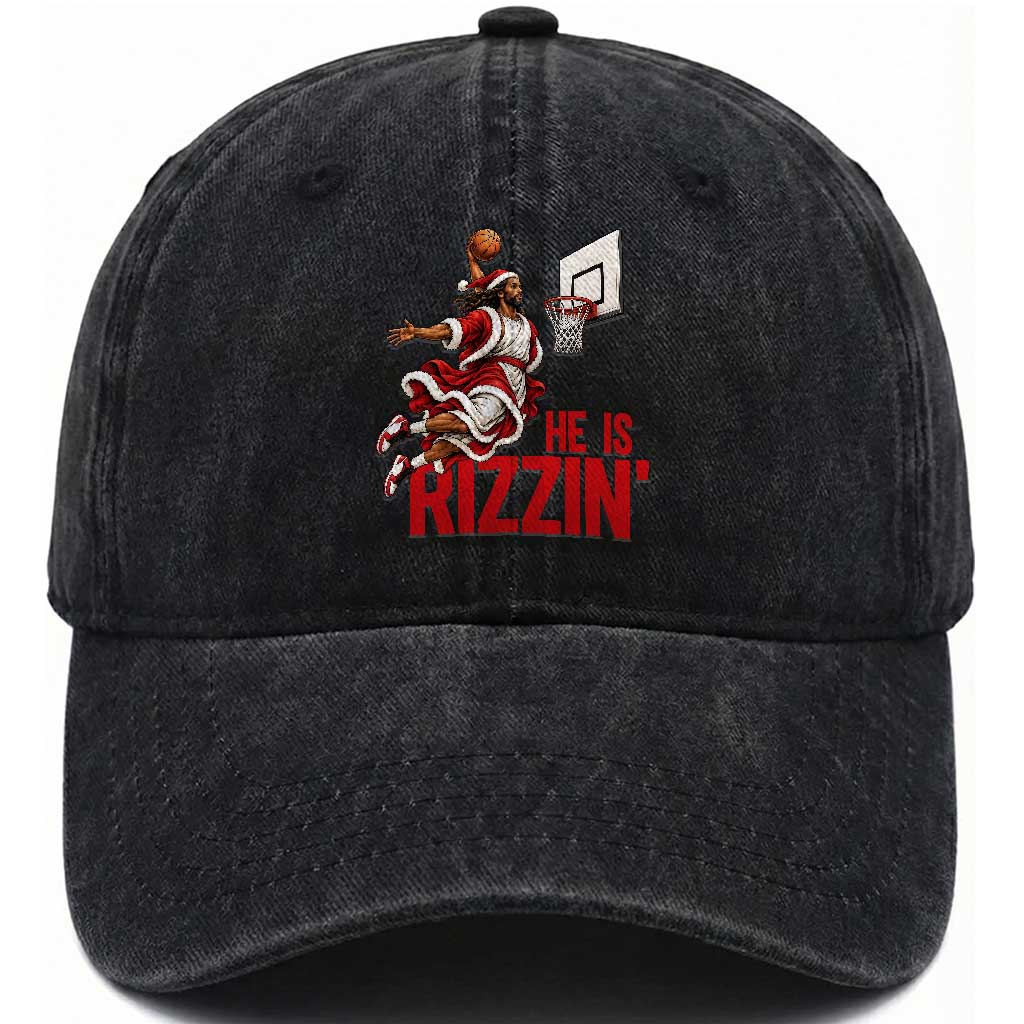 Funny Black Santa Jesus Washed Cotton Baseball Cap He Is Rizzin Basketball Christmas