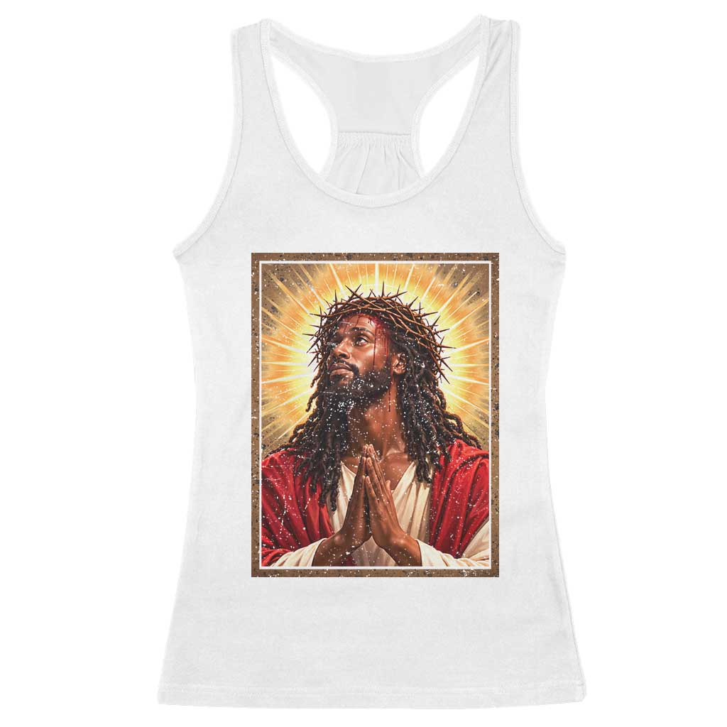 Vintage Black Jesus Praying Racerback Tank Top African American Christian Faith