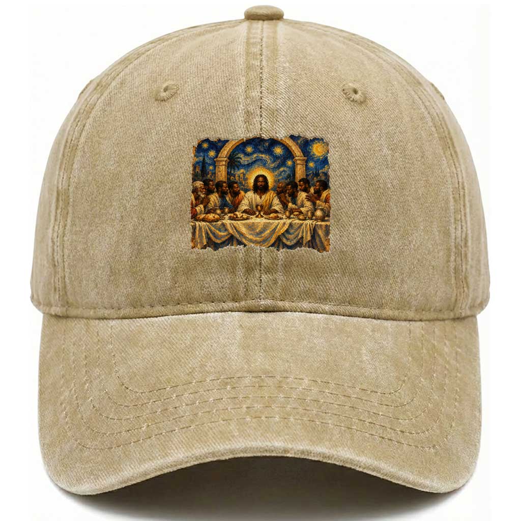 Black Jesus Last Supper Washed Cotton Baseball Cap Starry Night Christian Faith