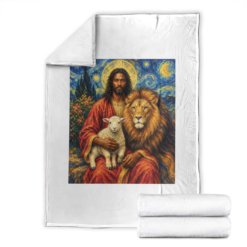 Black Jesus Lion And The Lamb Throw Blanket Starry Night Religious Art