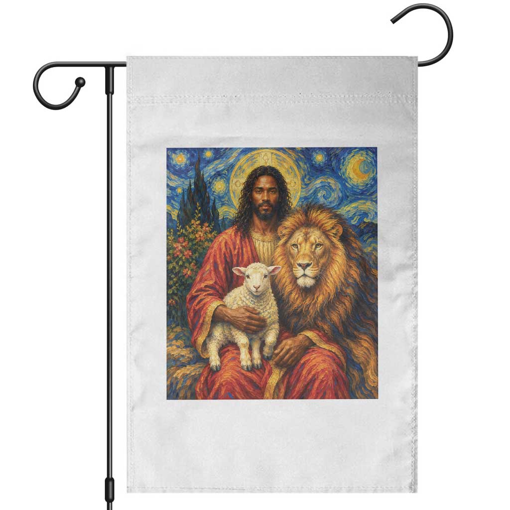 Black Jesus Lion And The Lamb Garden Flag Starry Night Religious Art