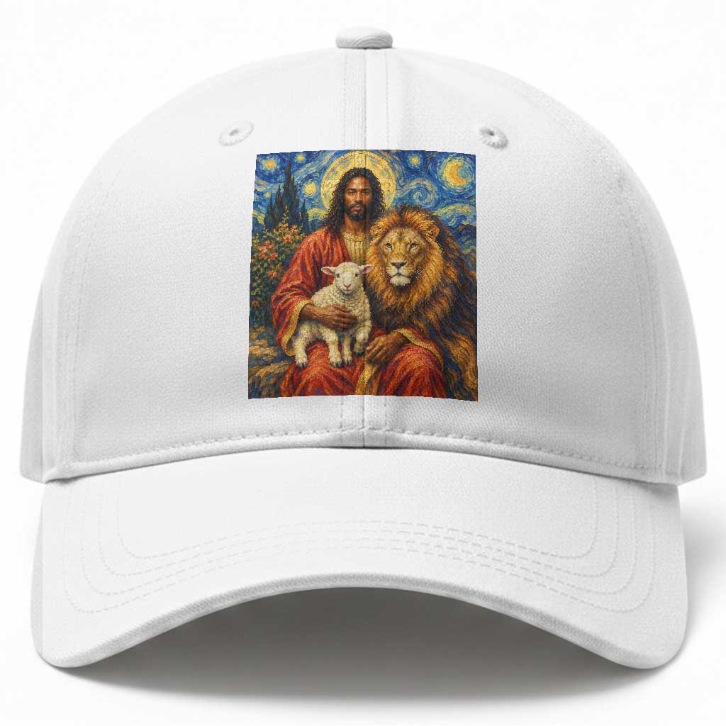 Black Jesus Lion And The Lamb Baseball Cap Starry Night Religious Art