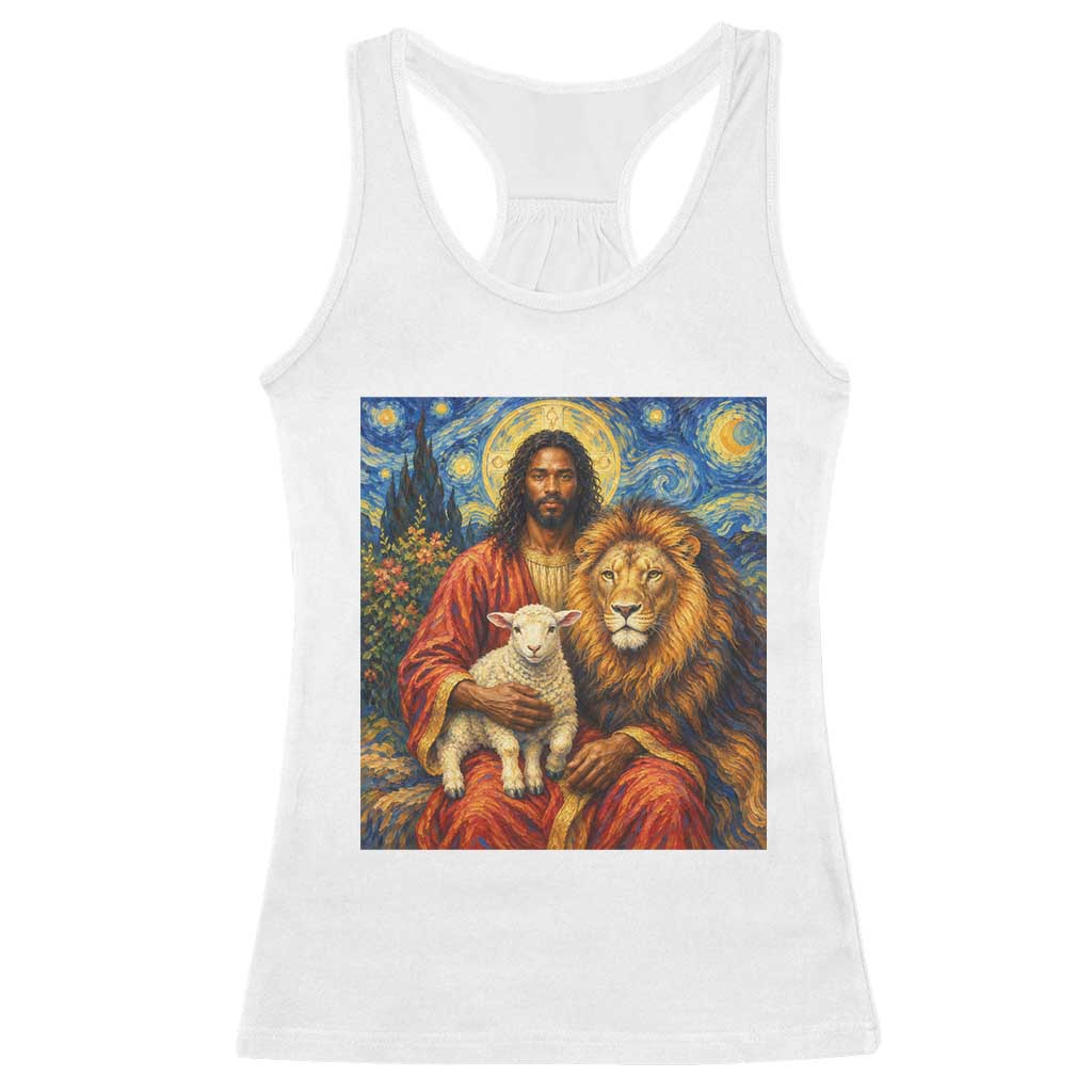 Black Jesus Lion And The Lamb Racerback Tank Top Starry Night Religious Art