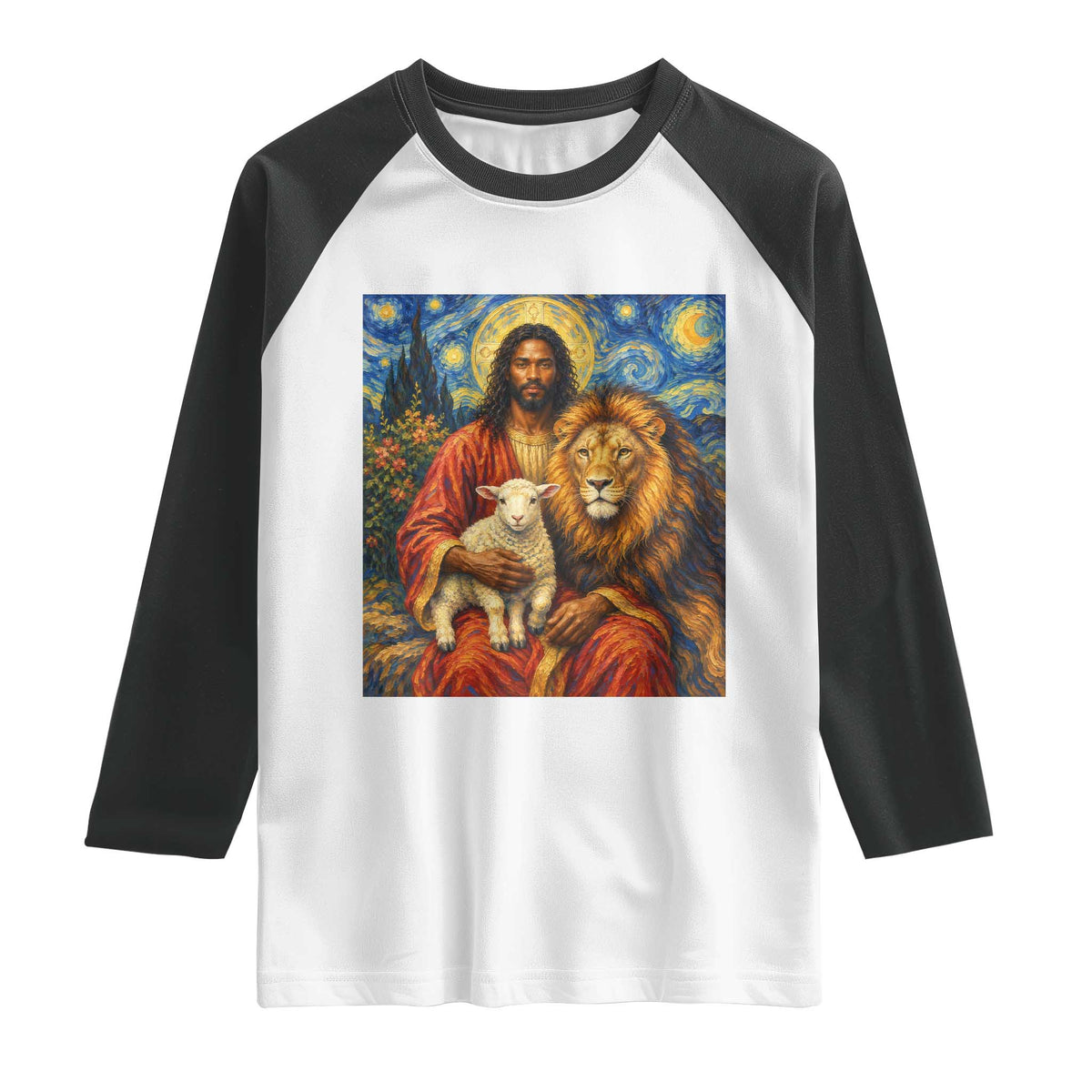 Black Jesus Lion And The Lamb Raglan Shirt Starry Night Religious Art
