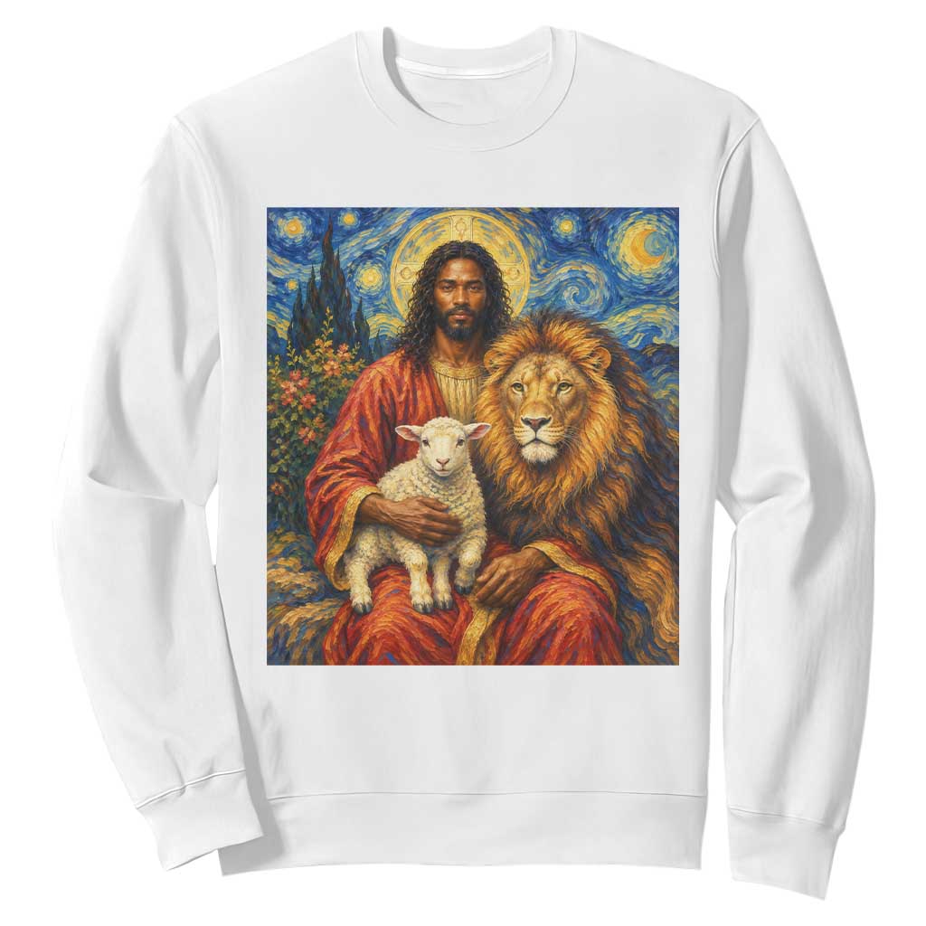 Black Jesus Lion And The Lamb Sweatshirt Starry Night Religious Art