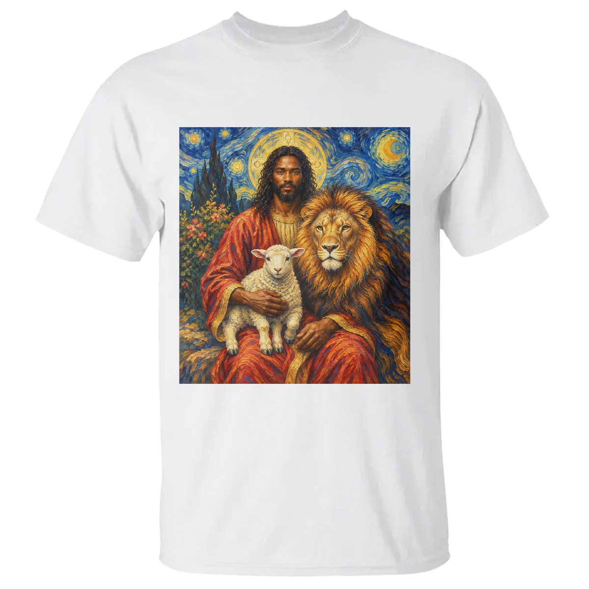Black Jesus Lion And The Lamb T Shirt Starry Night Religious Art