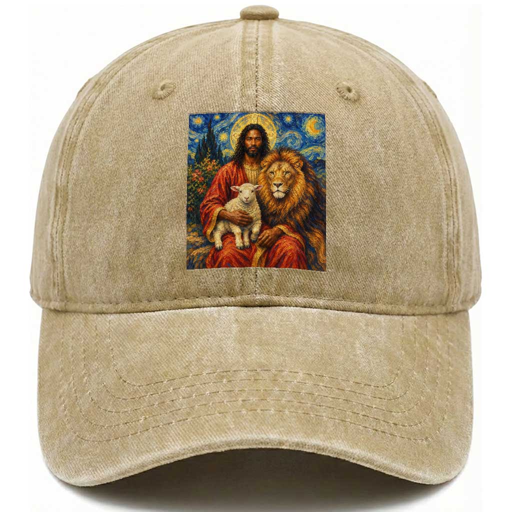 Black Jesus Lion And The Lamb Washed Cotton Baseball Cap Starry Night Religious Art