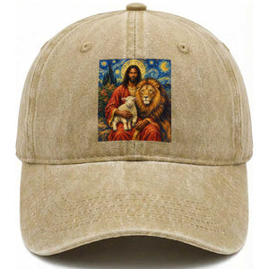 Black Jesus Lion And The Lamb Washed Cotton Baseball Cap Starry Night Religious Art