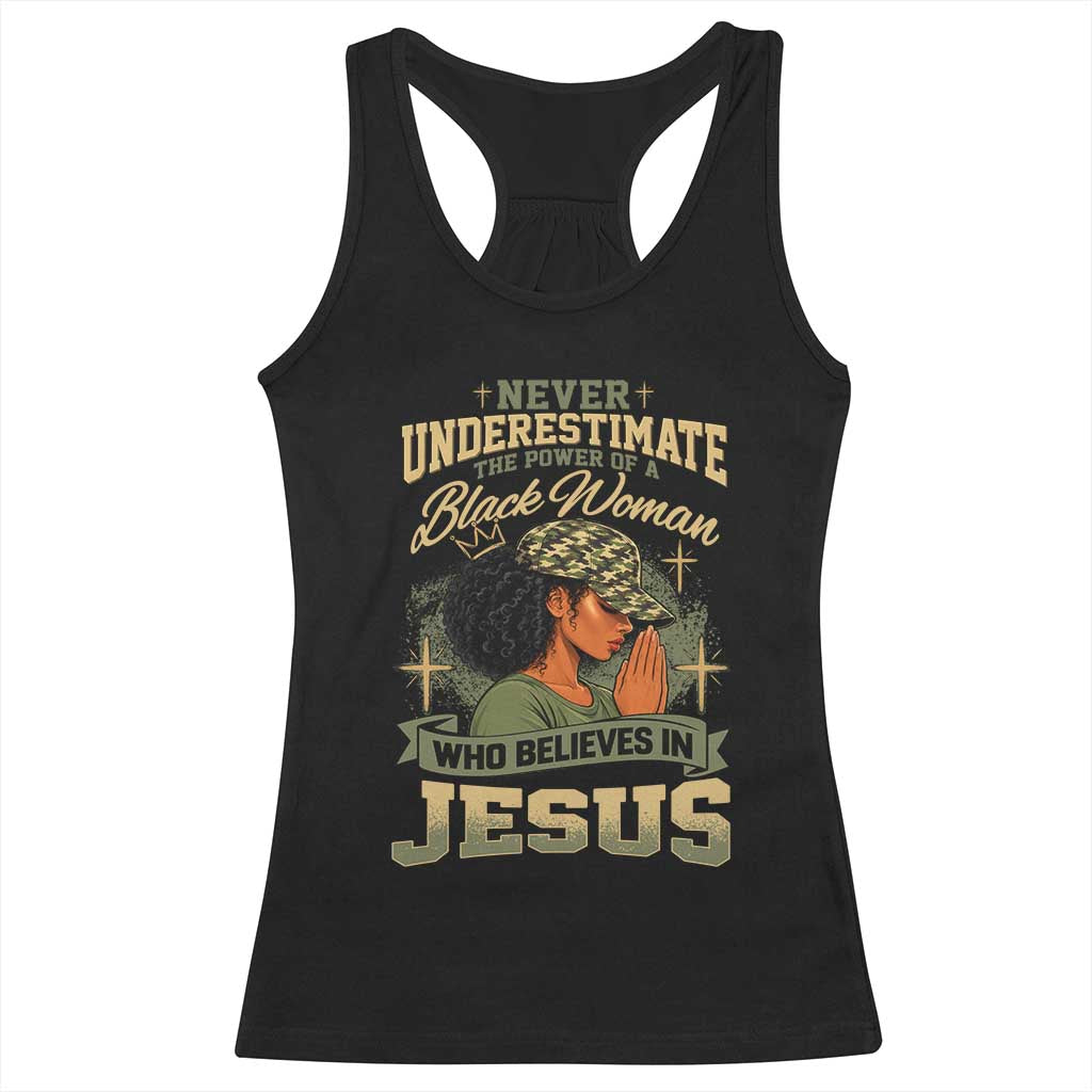 Christian Black Woman Camo Racerback Tank Top Never Underestimate The Power Of A Woman Who Believes In Jesus
