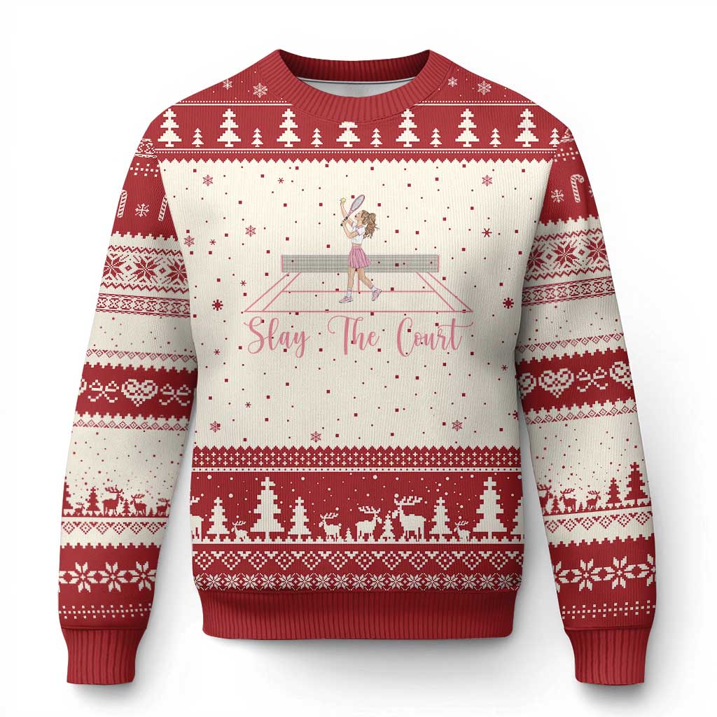 Slay The Court Queen Ugly Christmas Sweater Funny Tennis Player Gift For Women TS12 Beige Red Print Your Wear