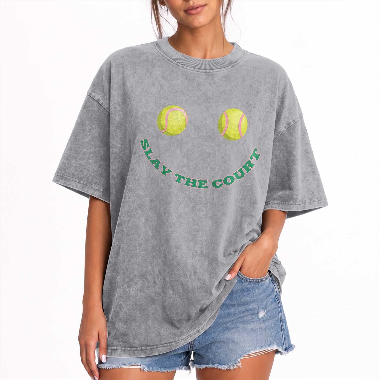 Slay The Court Tennis Girl Washed Cotton T-Shirt Funny Tennis Player Gift