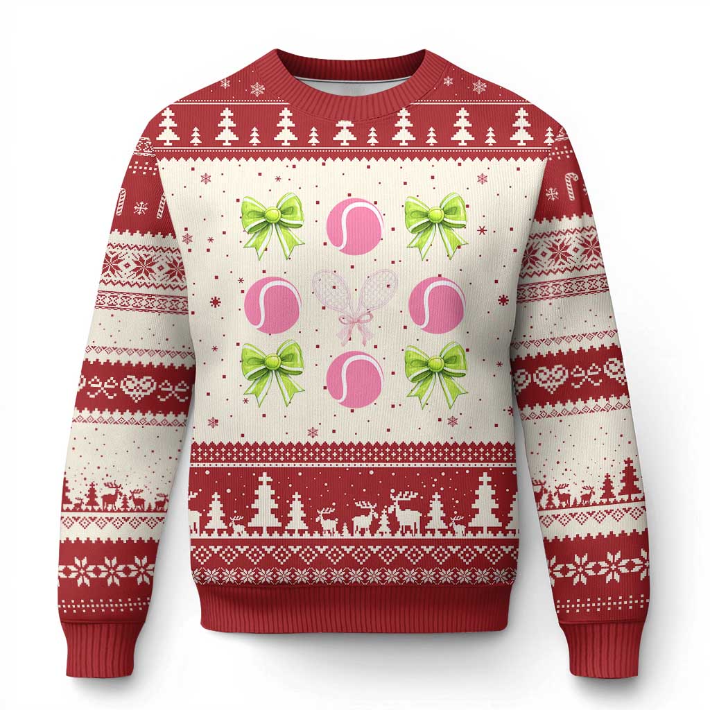 Pink Bow Coquette Tennis Lover Ugly Christmas Sweater Funny Tennis Girl Gift TS12 Beige Red Print Your Wear