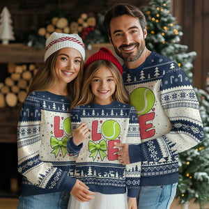 Love With A Tennis Ball Ugly Christmas Sweater Valentines Day Gift TS12 Beige Navy Print Your Wear