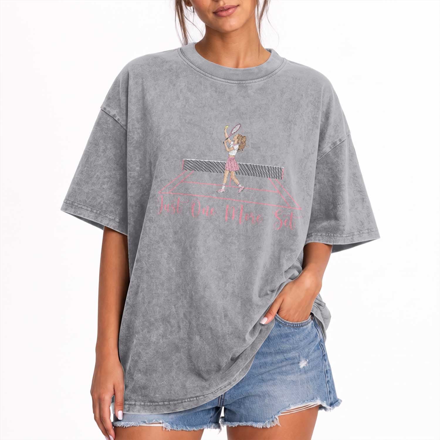 Just One More Set Washed Cotton T-Shirt Funny Tennis Player Gift For Women