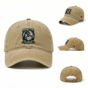 Seattle Champions Fan Pride Washed Cotton Baseball Cap Football Fan Gift TS12 Washed Cap Universal Fit Khaki Print Your Wear