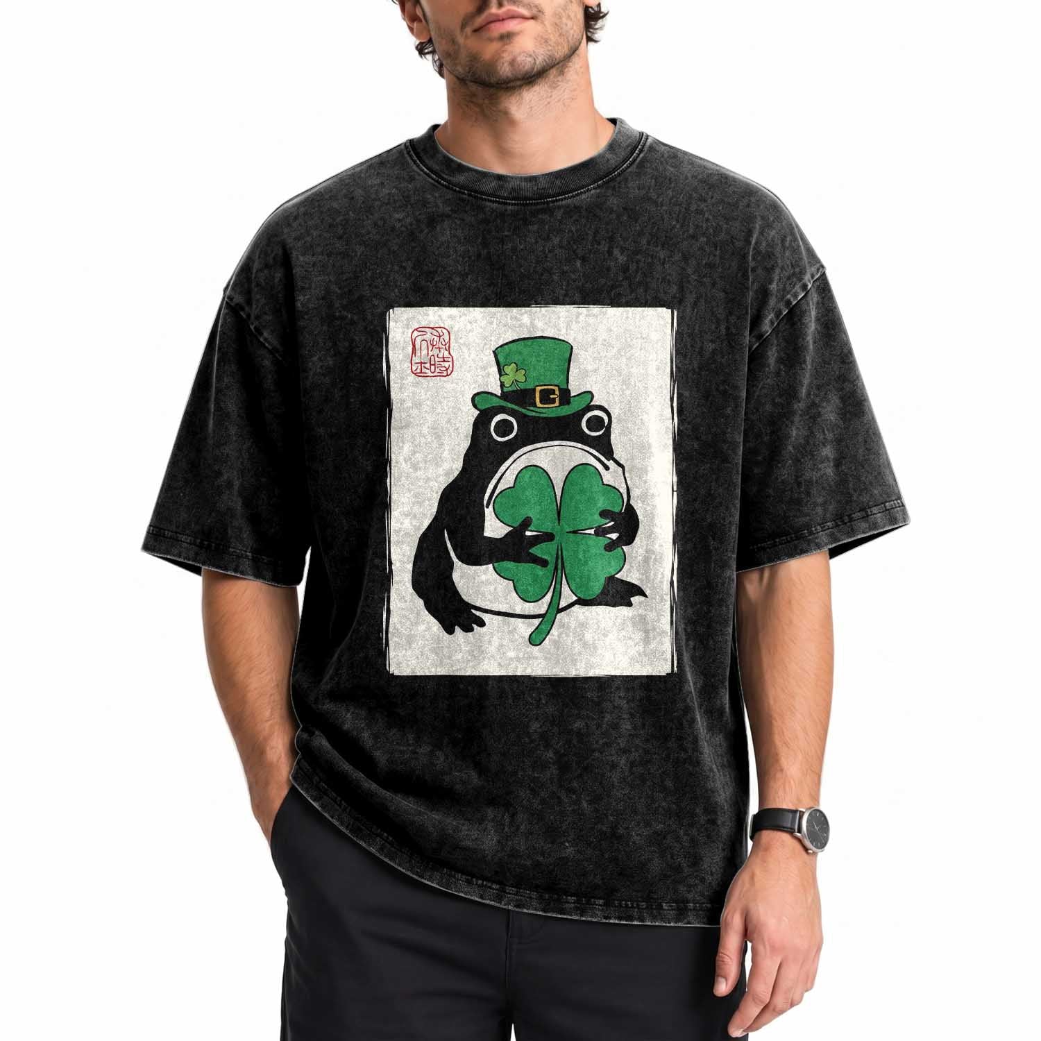 Vintage Japanese Grumpy Frog Washed Cotton T-Shirt Lucky St Paddys Day