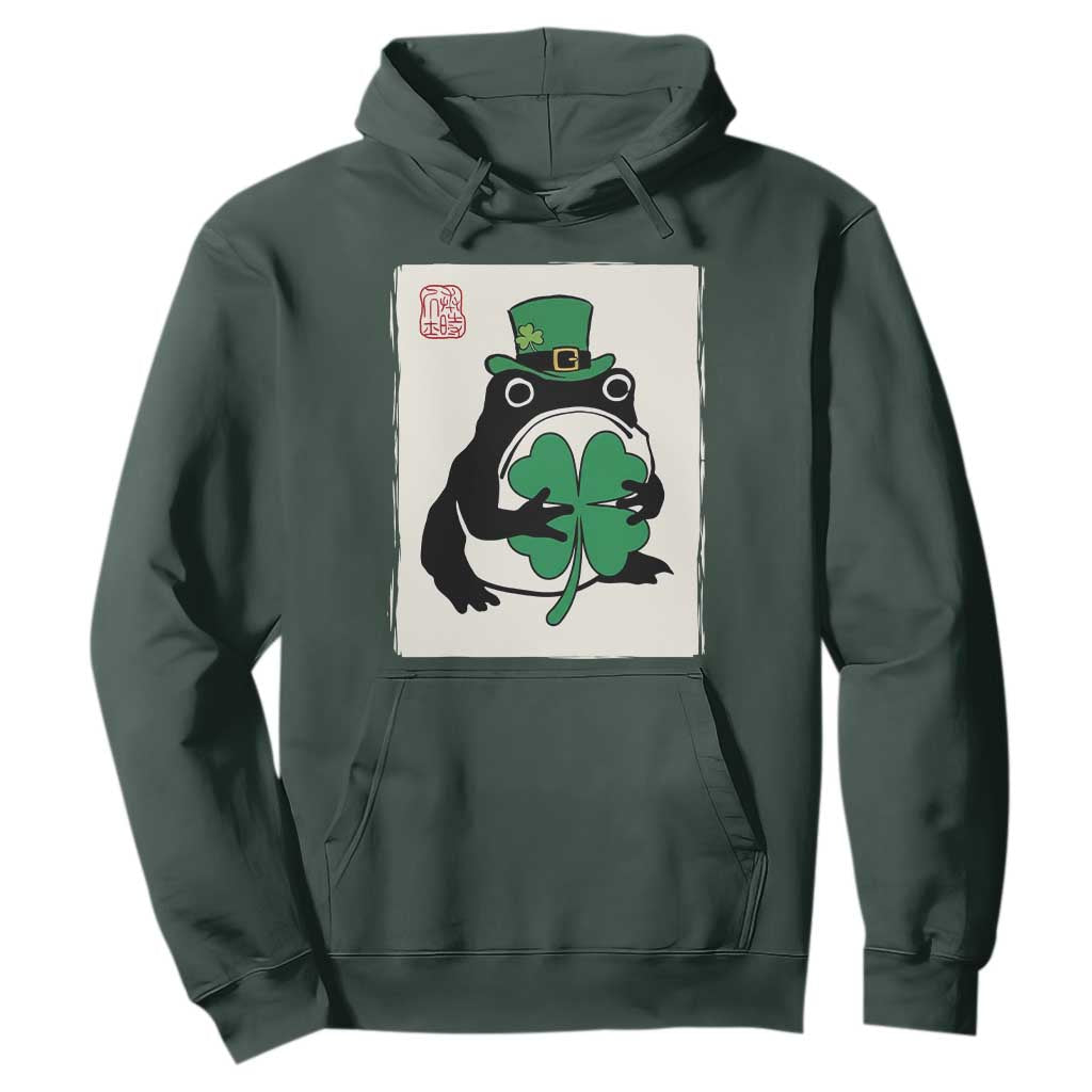 Vintage Japanese Grumpy Frog Hoodie Lucky St Paddys Day TS12 Dark Forest Green Print Your Wear
