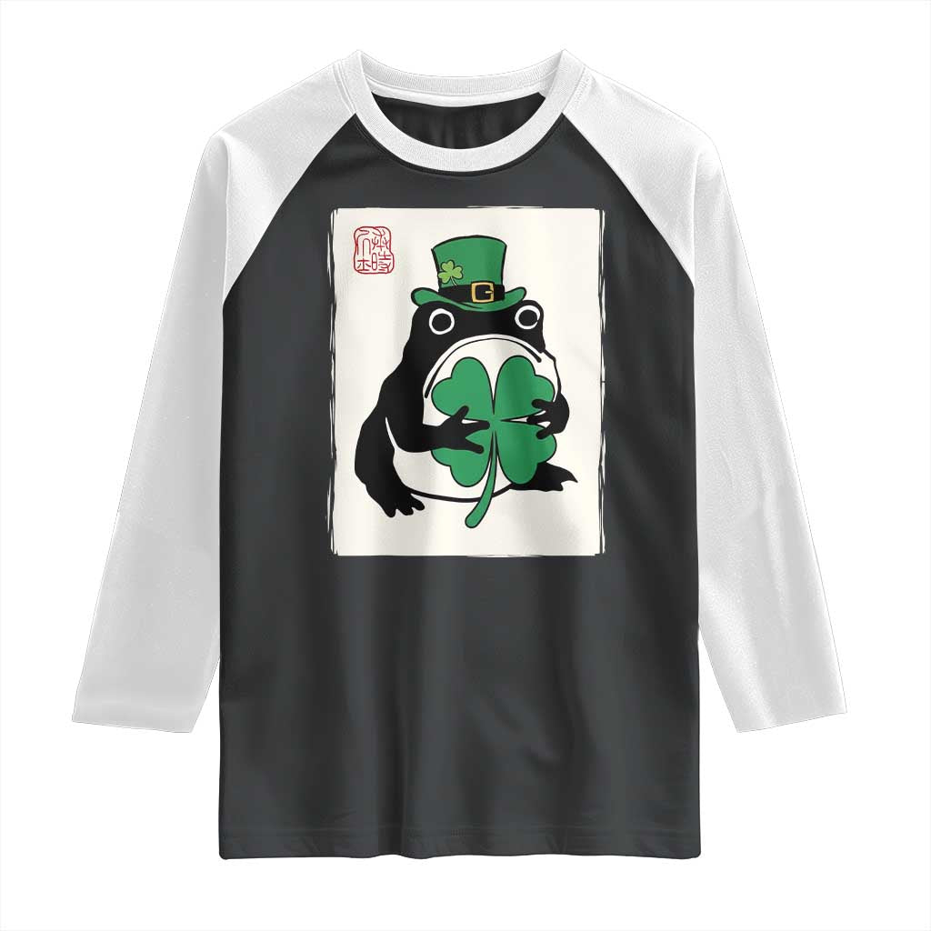 Vintage Japanese Grumpy Frog Raglan Shirt Lucky St Paddys Day TS12 Black White Print Your Wear