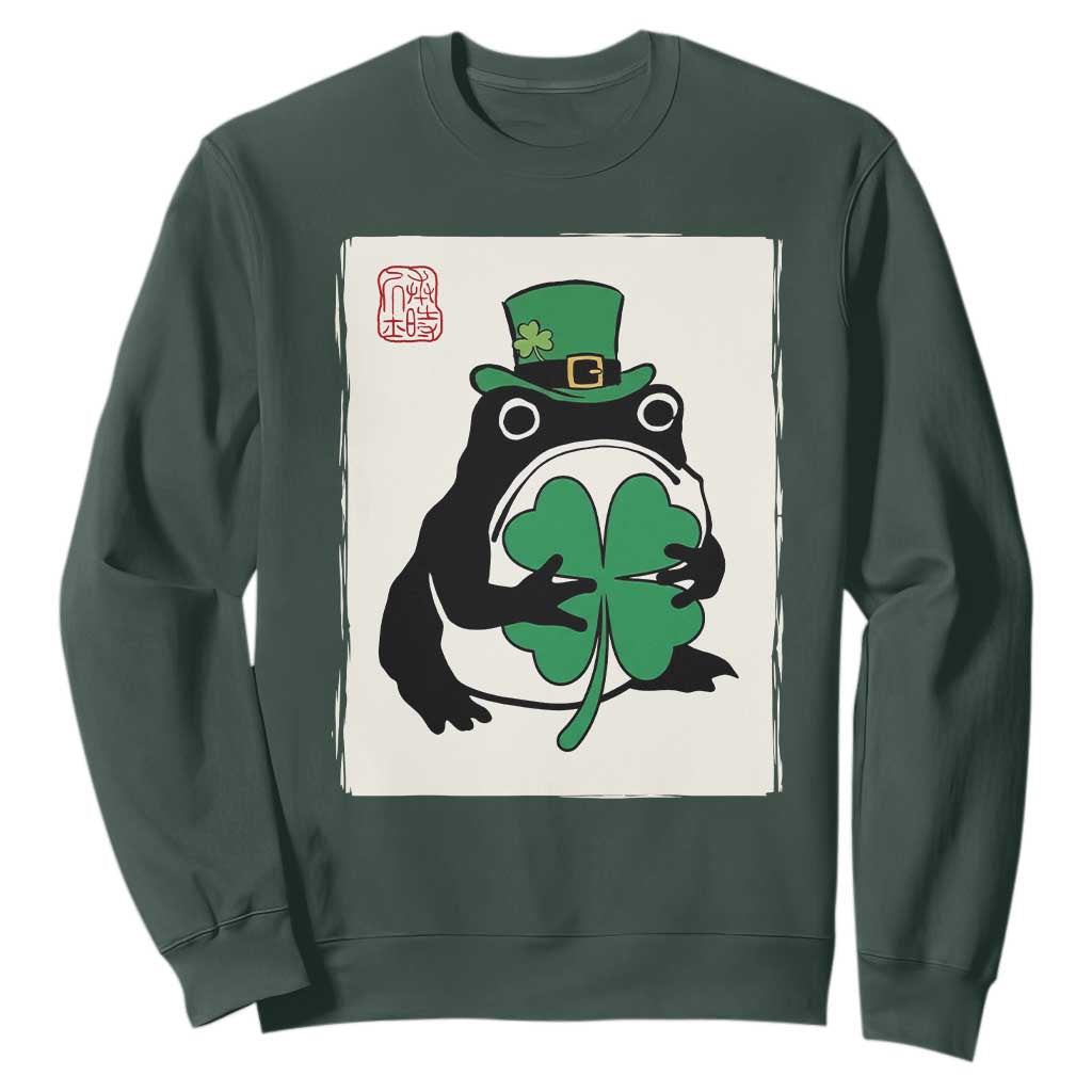Vintage Japanese Grumpy Frog Sweatshirt Lucky St Paddys Day TS12 Dark Forest Green Print Your Wear