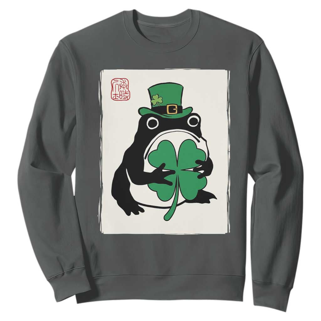 Vintage Japanese Grumpy Frog Sweatshirt Lucky St Paddys Day TS12 Dark Heather Print Your Wear