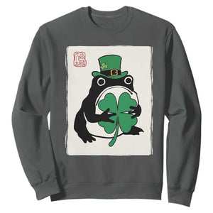 Vintage Japanese Grumpy Frog Sweatshirt Lucky St Paddys Day TS12 Dark Heather Print Your Wear