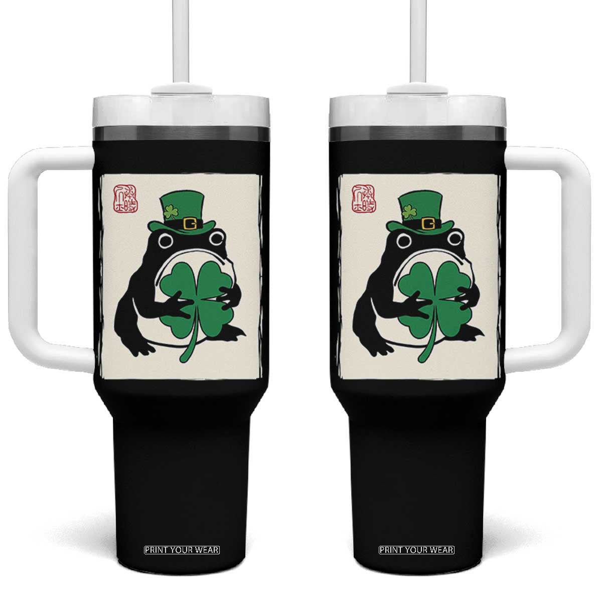 Vintage Japanese Grumpy Frog Tumbler With Handle Lucky St Paddys Day TS12 One Size: 40 oz Black Print Your Wear