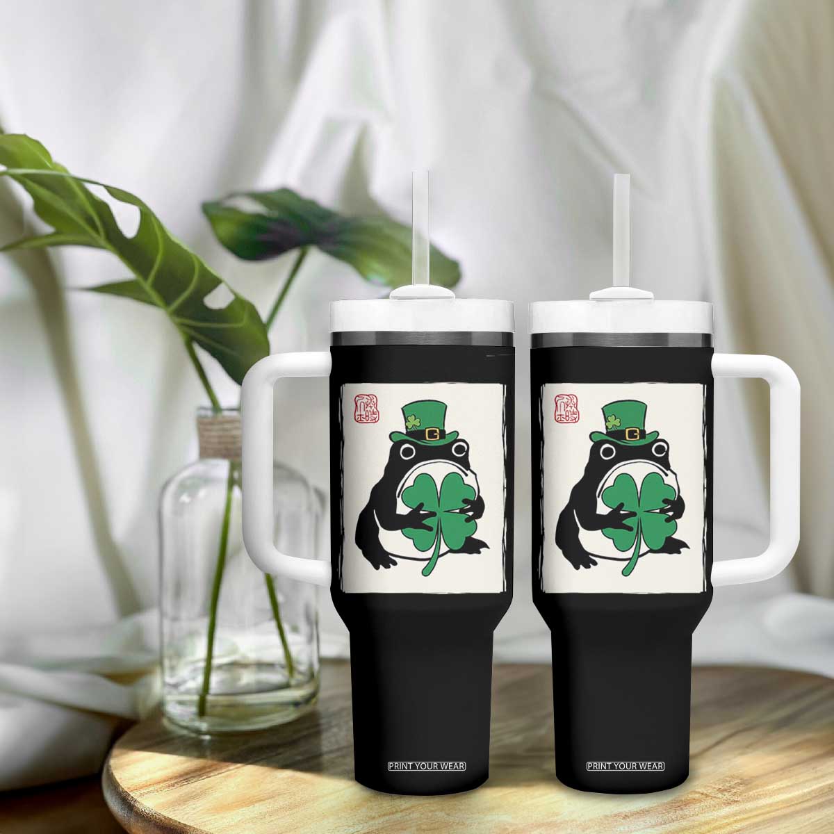 Vintage Japanese Grumpy Frog Tumbler With Handle Lucky St Paddys Day TS12 Print Your Wear