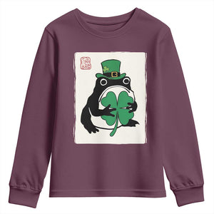 Vintage Japanese Grumpy Frog Youth Sweatshirt Lucky St Paddys Day TS12 Maroon Print Your Wear