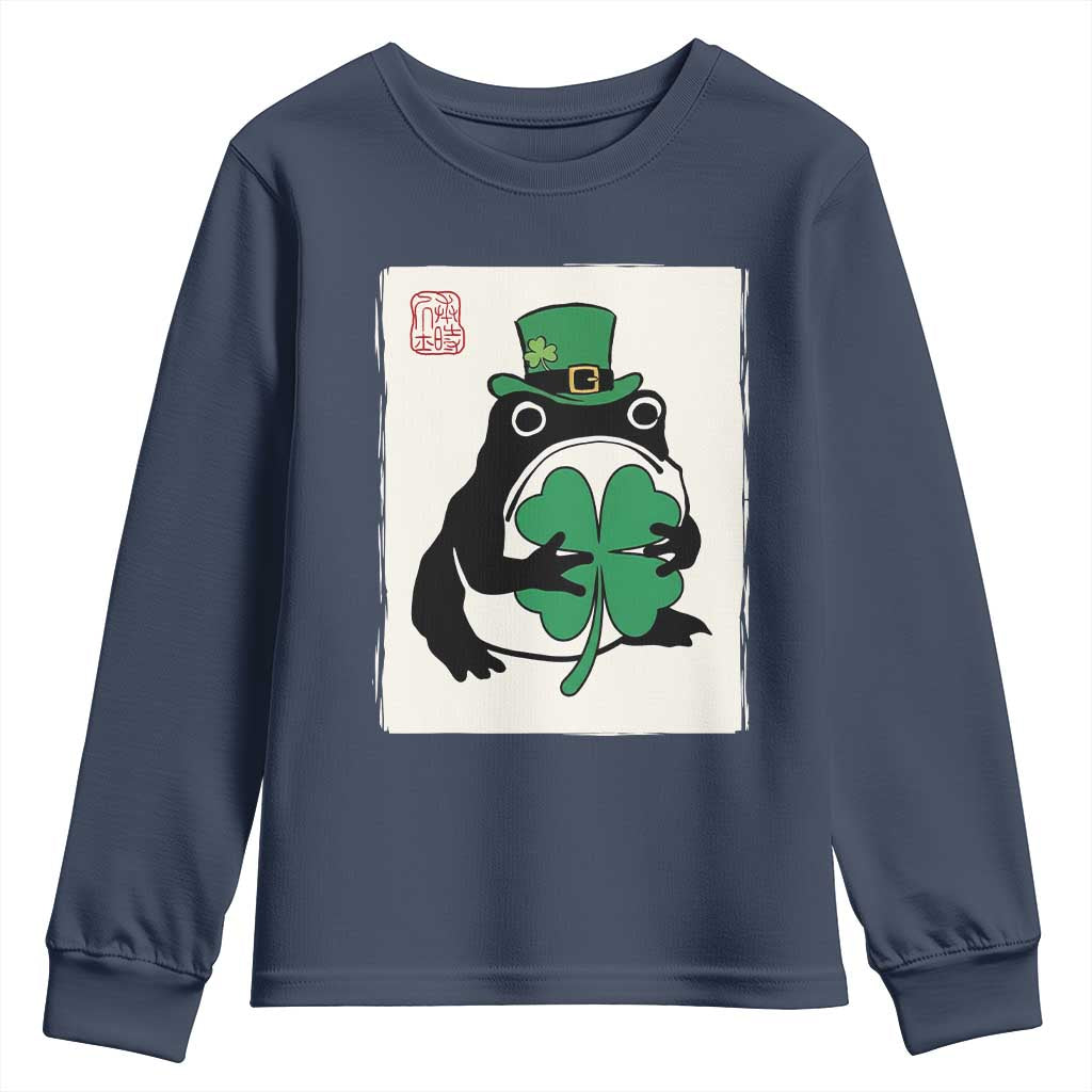 Vintage Japanese Grumpy Frog Youth Sweatshirt Lucky St Paddys Day TS12 Navy Print Your Wear