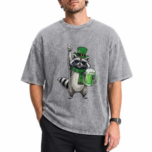 Funny Raccoon Rock On Washed Cotton T-Shirt St Patricks Day Gift