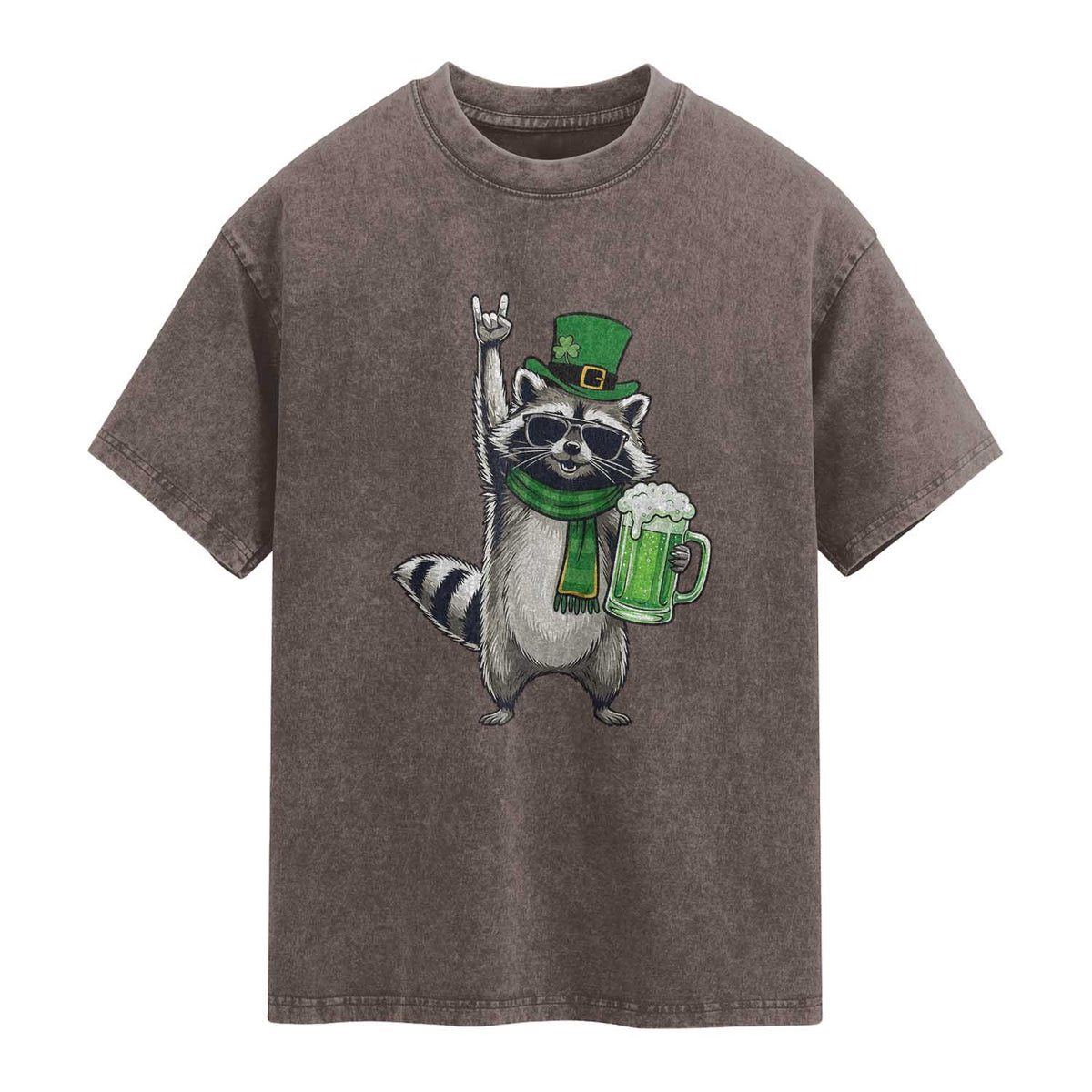 Funny Raccoon Rock On Washed Cotton T-Shirt St Patricks Day Gift