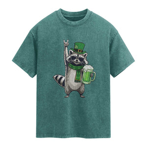 Funny Raccoon Rock On Washed Cotton T-Shirt St Patricks Day Gift