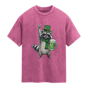 Funny Raccoon Rock On Washed Cotton T-Shirt St Patricks Day Gift