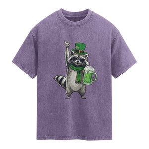 Funny Raccoon Rock On Washed Cotton T-Shirt St Patricks Day Gift