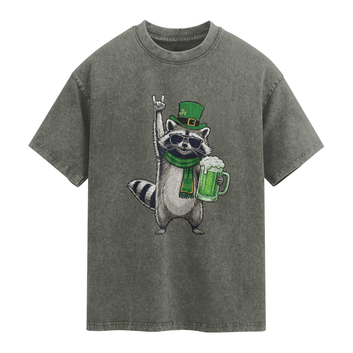 Funny Raccoon Rock On Washed Cotton T-Shirt St Patricks Day Gift
