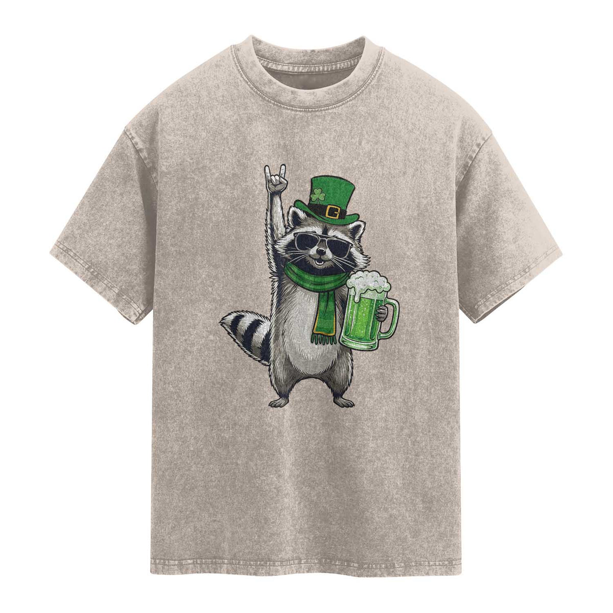 Funny Raccoon Rock On Washed Cotton T-Shirt St Patricks Day Gift
