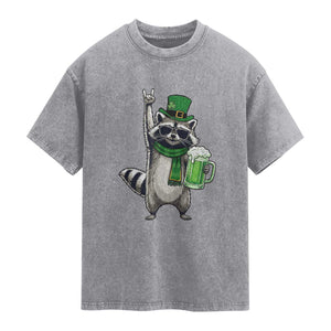 Funny Raccoon Rock On Washed Cotton T-Shirt St Patricks Day Gift