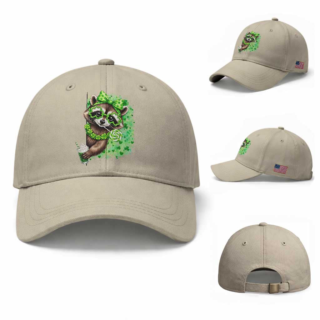 Funny Raccoon St Patricks Day Baseball Cap Irish Party Animal Gift TS12 Baseball Cap Universal Fit Beige Print Your Wear